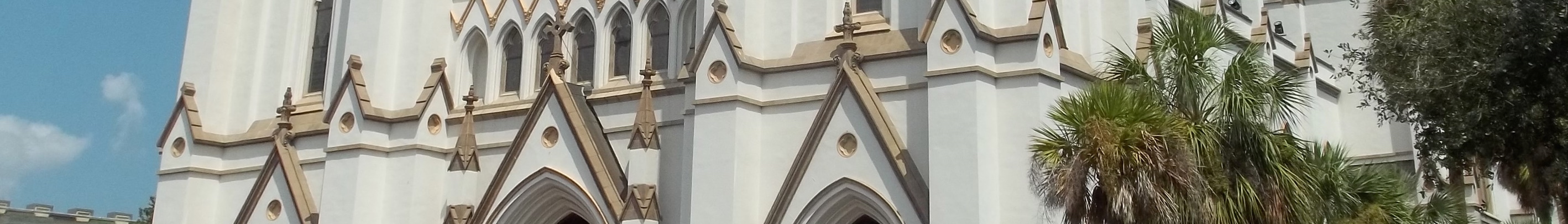 Gothic arches and palm trees at the Cathedral Basilica of St. John the Baptist in Savannah, Georgia